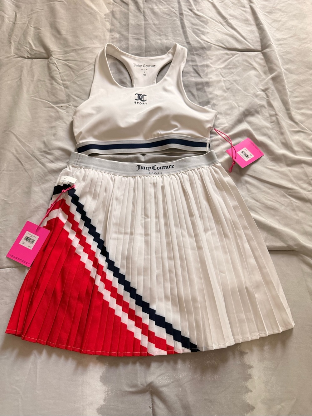 Juicy Couture White Pleated Tennis Skirt with Red & Navy Chevron Panel